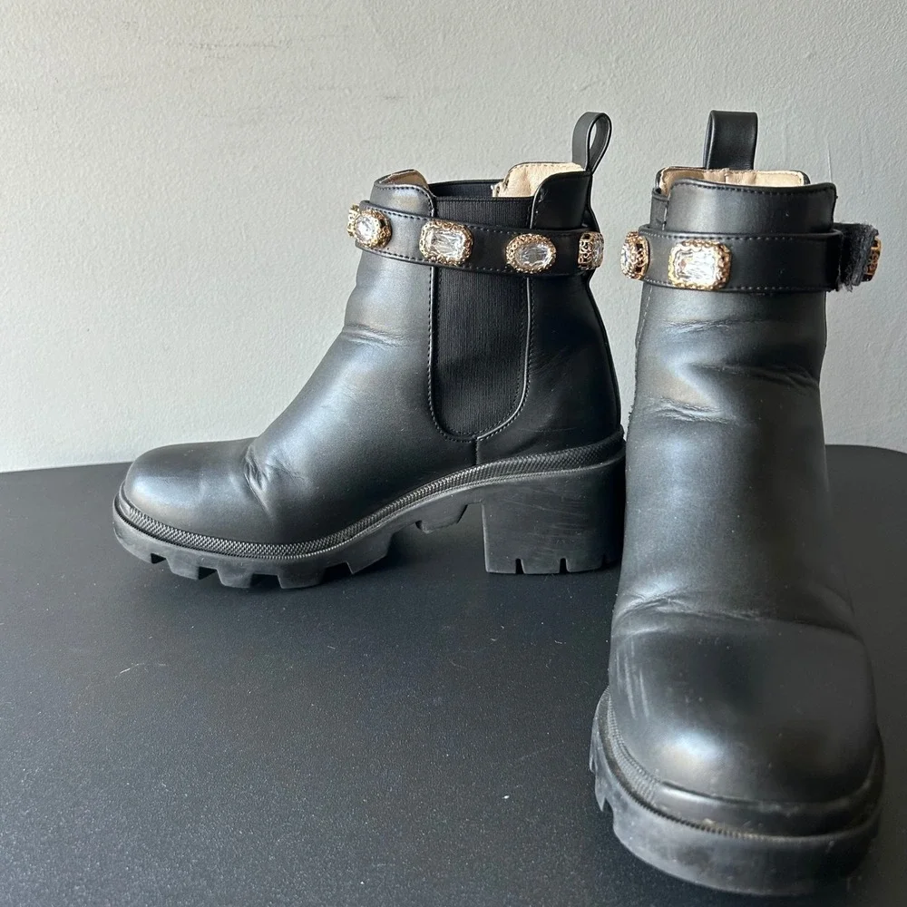 Steve Madden Amulet Black Rhinestone Embellished Lug Sole Ankle Boots AMU01S1 8M